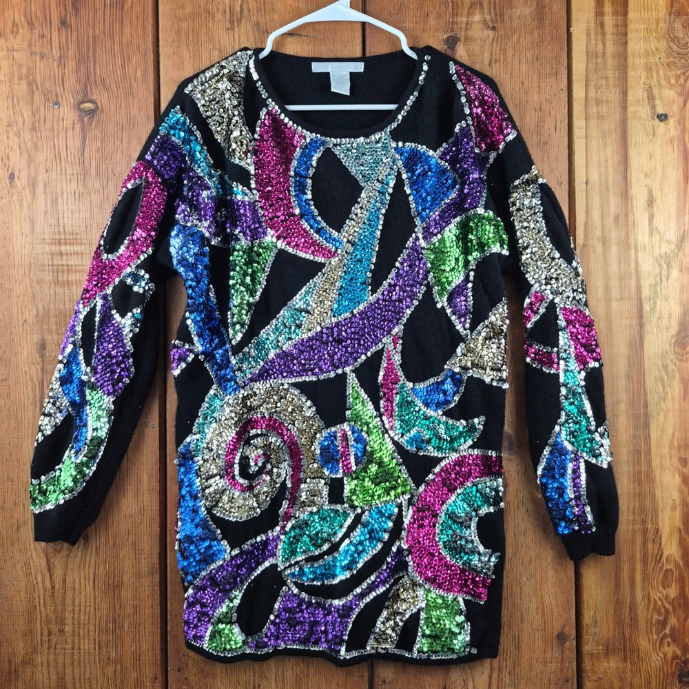 Vintage The Limited Sequin Abstract Wool Angora Sweater Black Multi P/S